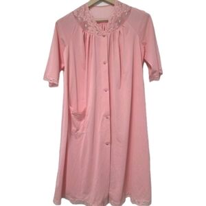Vintage Shadowline Pink Nylon Floral Lace Lounge Wear Nightgown Size SMALL Soft